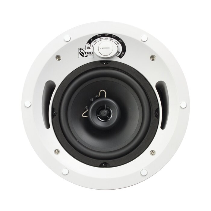 Altavoz comercial de 2 vías, 70V /100V /8 Ohms, en techo, woofer de polietileno 6.5 in, tweeter PEI 3/4in, 5-60 Watts, UL