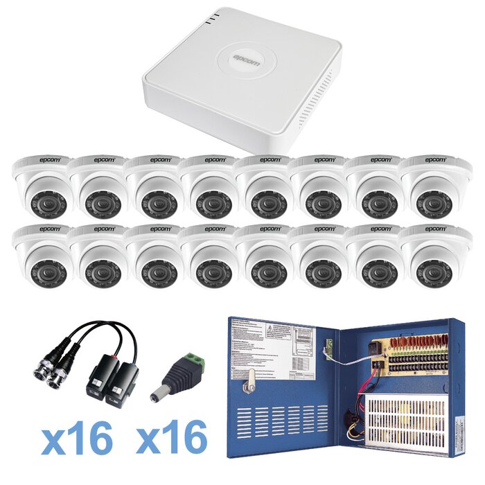 KIT TurboHD 720p / DVR 16 Canales / 16 Cámaras Eyeball (interior 3.6mm) / Transceptores / Conectores / Fuente de Poder Profesional