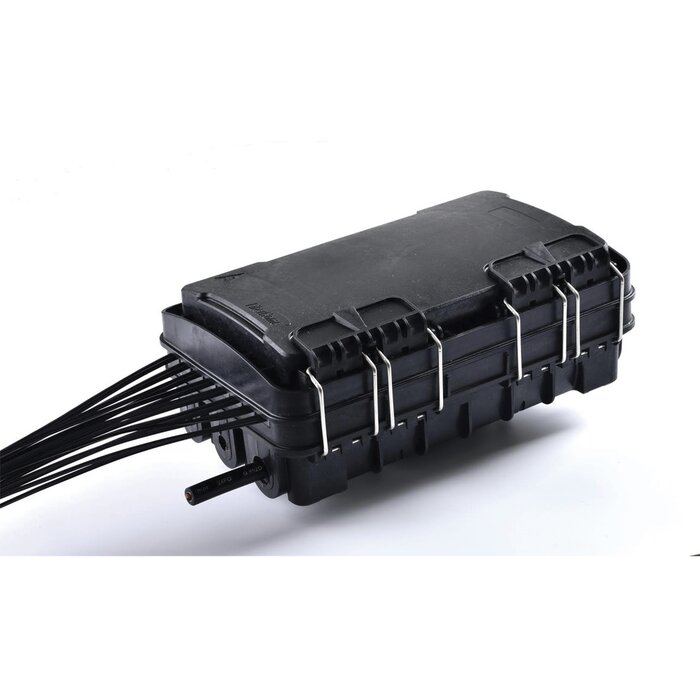 Caja de Distribución de Fibra Óptica Light para 24 Empalmes, con 8 acopladores SC/APC simplex, Exterior IP65, Color Negro