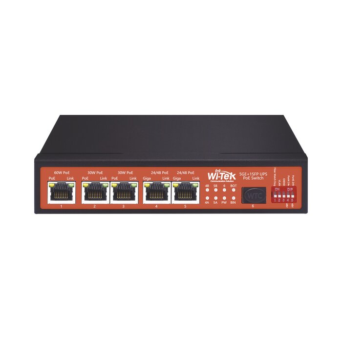 Switch No Administrable de 5 puertos 10/100/1000 PoE + 1 puerto SFP Gigabit, con respaldo para energía solar