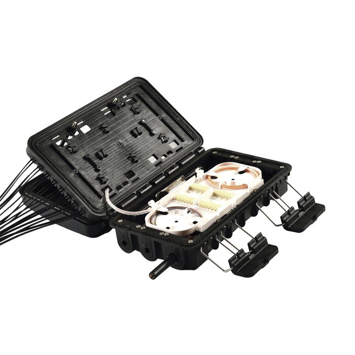 Caja de Distribución de Fibra Óptica Light para 24 Empalmes, con 8 acopladores SC/APC simplex, Exterior IP65, Color Negro