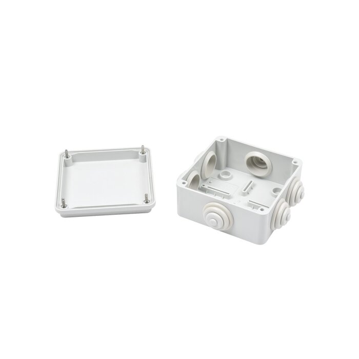 Caja de derivación de PVC Auto-extinguible con 6 entradas, tapa atornillada, 100x100x50 MM, Para exterior (IP55)