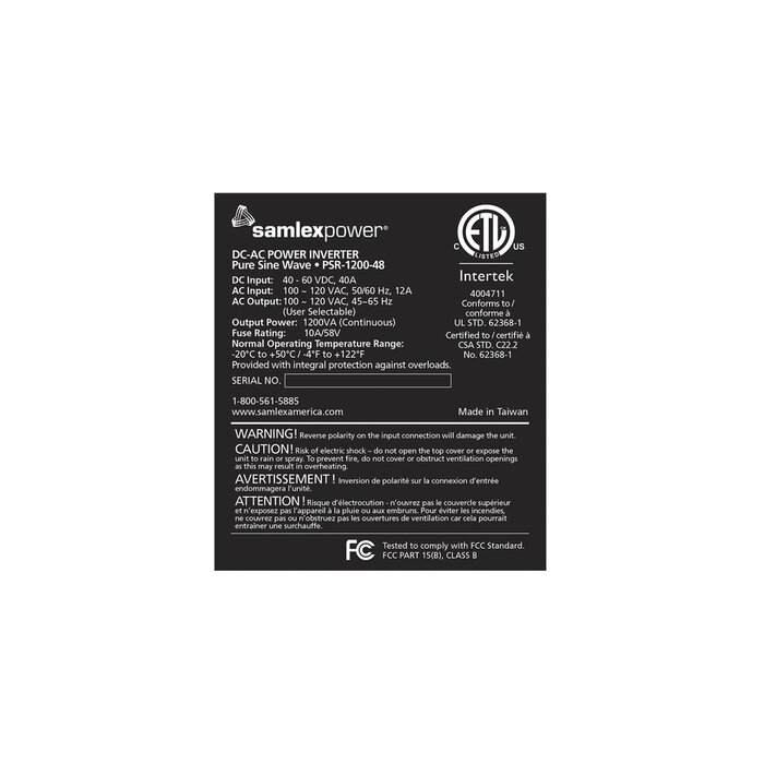 Inversor de corriente Onda Pura Montaje en rack 1200W, 48 VCD- 120 VCA, 50/60 Hz