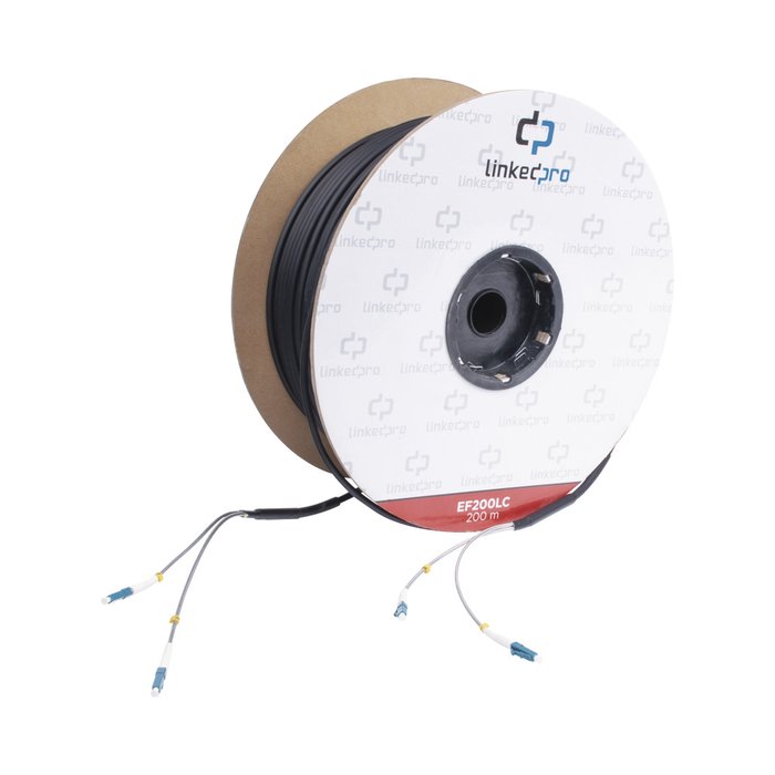 Carrete de Fibra Óptica Monomodo con conectores LC-LC Duplex, Reforzada con Kevlar, de 200 metros