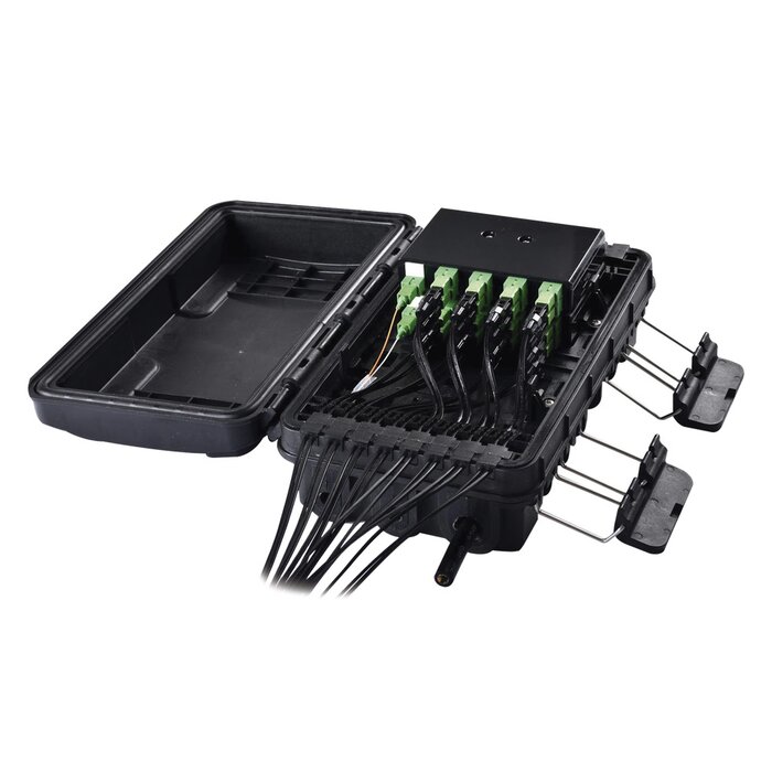 Caja de Distribución de Fibra Óptica Light para 24 Empalmes, con 8 acopladores SC/APC simplex, Exterior IP65, Color Negro