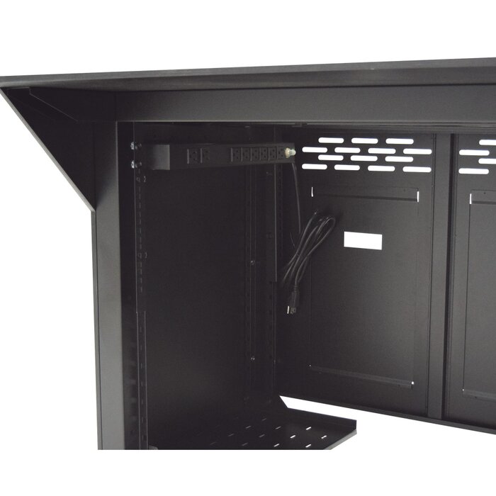 Estación Mobiliaria Profesional de Monitoreo y Control para: Videovigilancia, Acceso, Alarmas, etc., Metal Negro y Madera Tono Oscuro