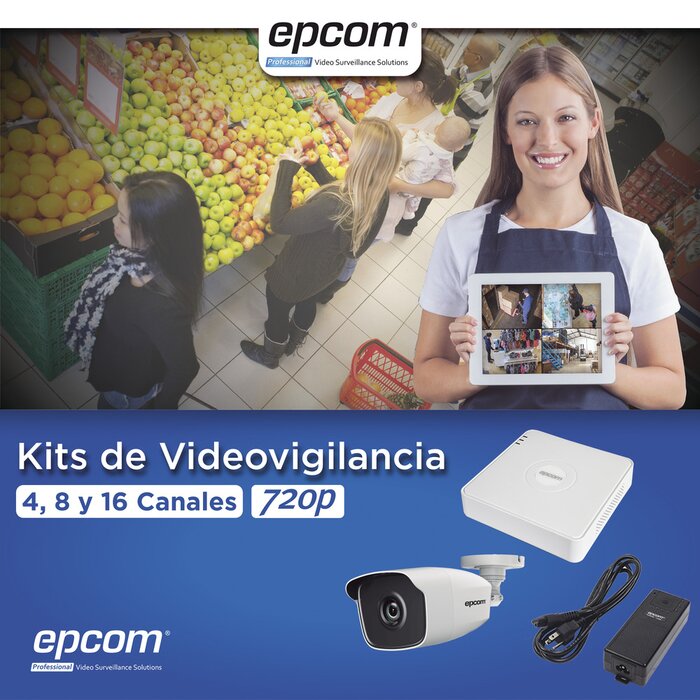KIT TurboHD 720p / DVR 4 Canales / 4 Cámaras Bala (exterior 2.8 mm) / Transceptores / Conectores / Fuente de Poder Profesional
