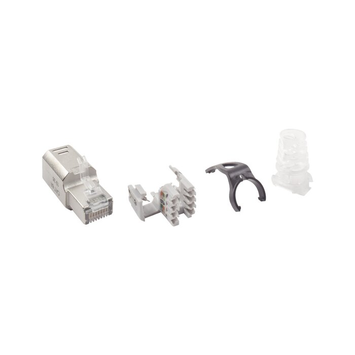 Plug RJ45 Cat6A Blindado, Terminación en Campo, Compatible con Todas las Categorías, Con Clip Protector de Seguro