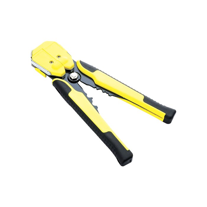 Pinza multifuncional Pelacables, con terminal de pestaña, prensado automático de color amarillo.