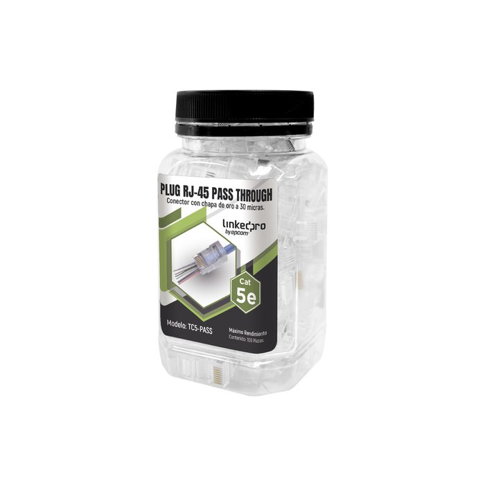 Bote con 100 Plugs Pass through RJ45 Cat5e sin blindaje, chapado de oro a 30 micras para durabilidad extrema