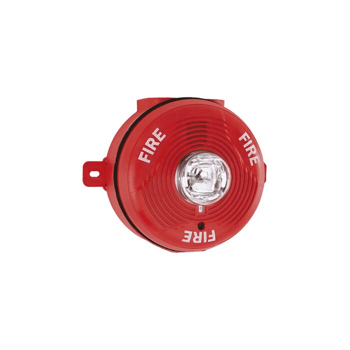 Sirena con Lámpara Estroboscópica para Exterior, Montaje en Techo, Nivel de Candelas Seleccionable, Color Rojo