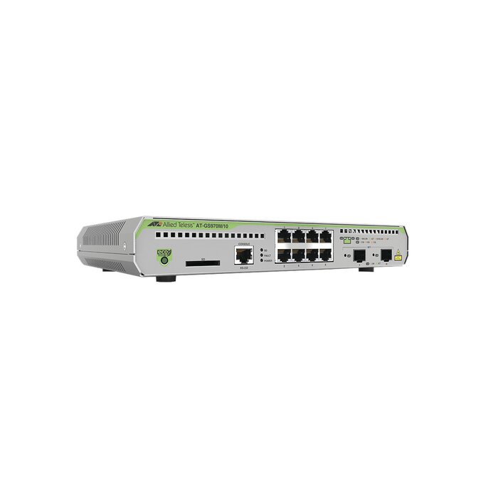 Switch Administrable CentreCOM GS970M, Capa 3 de 8 Puertos 10/100/1000 Mbps + 2 puertos SFP Gigabit
