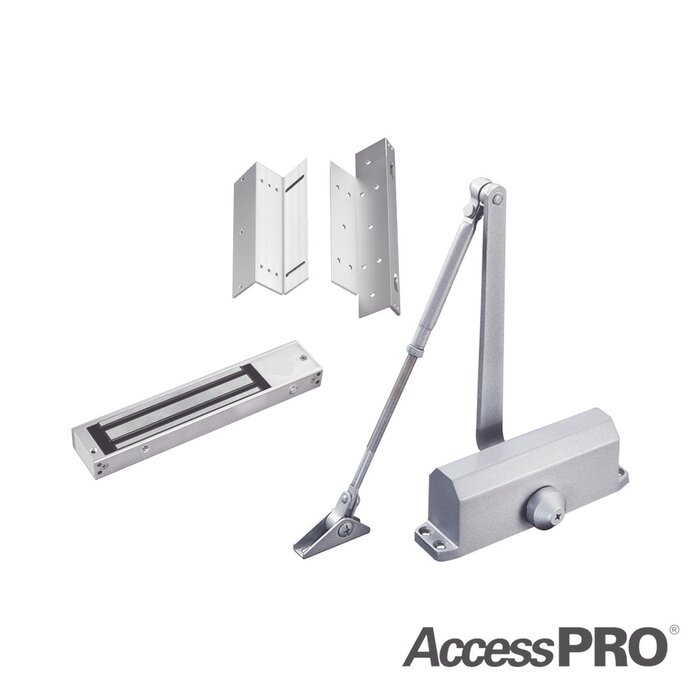 Kit para control de acceso incluye Chapa magnética de 600Lbs / Montajes L y Z / Cierra puerta para 45-65Kg.