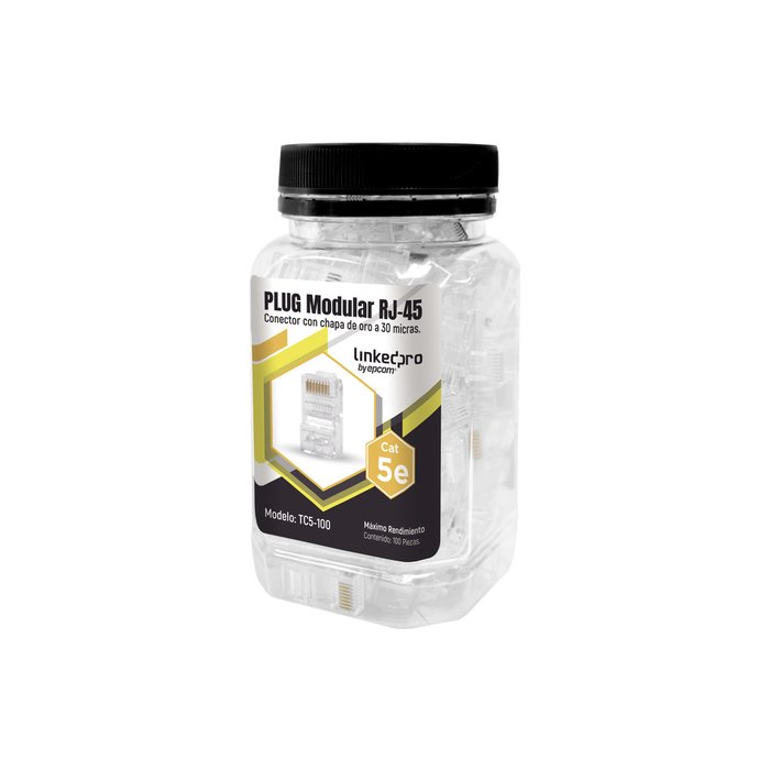 Bote con 100 Piezas de Plug Modular RJ45 Cat5e sin blindaje, chapado de oro a 30 micras para durabilidad extrema