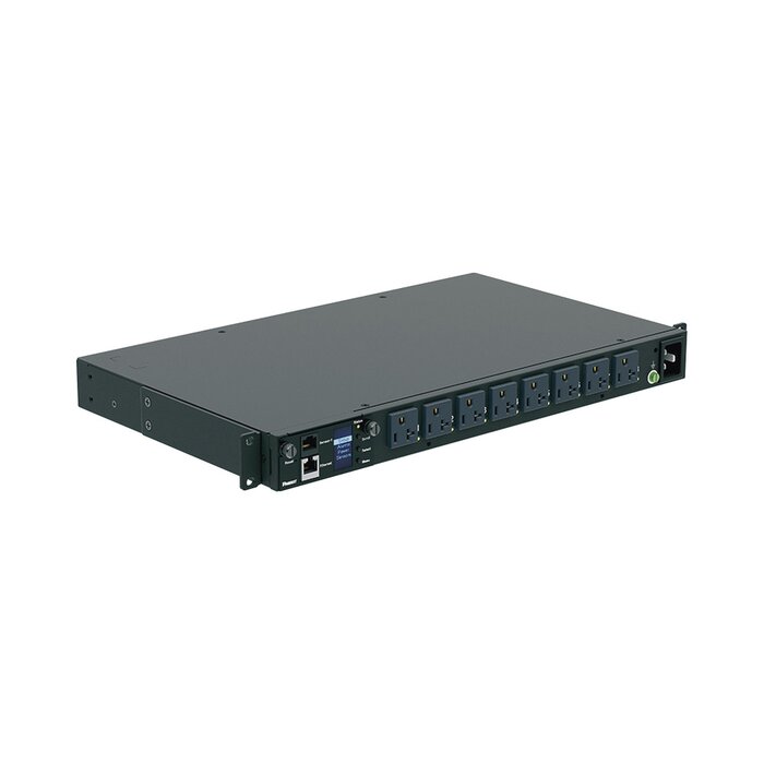 PDU Switchable y Monitoreable por Toma (MS), para Distribución de Energía, Entrada 120 Vca NEMA 5-15P, Con 8 Salidas 5-20R, 20 Amp, Horizontal 19in, 1UR